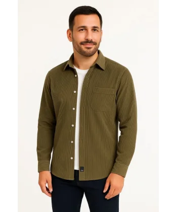 Erkek Fitilli Kadife Cepli Gömlek Oversize Rahat Kalıp - Haki