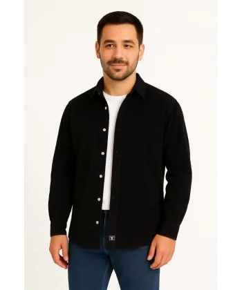 Erkek Fitilli Kadife Cepli Gömlek Oversize Rahat Kalıp - Siyah