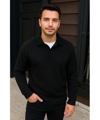 Erkek Fitilli Polar Sweatshirt – Düğmesiz Polo Yaka, Oversize Rahat Kalıp, Kalın Polar Kumaş, Kışlık ve Baharlık Şık Günlük Üst - Siyah