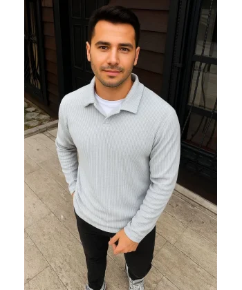 Erkek Fitilli Polar Sweatshirt – Düğmesiz Polo Yaka, Oversize Rahat Kalıp, Kalın Polar Kumaş, Kışlık ve Baharlık Şık Günlük Üst - Gri