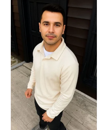 Erkek Fitilli Polar Sweatshirt – Düğmesiz Polo Yaka, Oversize Rahat Kalıp, Kalın Polar Kumaş, Kışlık Ve Baharlık Şık Günlük Üst - Beyaz