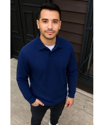 Erkek Fitilli Polar Sweatshirt – Düğmesiz Polo Yaka, Oversize Rahat Kalıp, Kalın Polar Kumaş, Kışlık Ve Baharlık Şık Günlük Üst - Lacivert