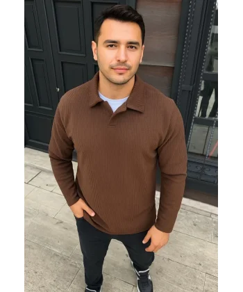 Erkek Fitilli Polar Sweatshirt – Düğmesiz Polo Yaka, Oversize Rahat Kalıp, Kalın Polar Kumaş, Kışlık ve Baharlık Şık Günlük Üst - Kahverengi