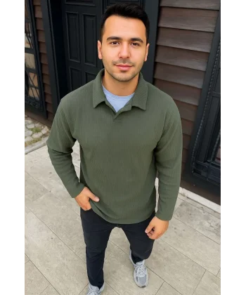 Erkek Fitilli Polar Sweatshirt – Düğmesiz Polo Yaka, Oversize Rahat Kalıp, Kalın Polar Kumaş, Kışlık ve Baharlık Şık Günlük Üst - Haki