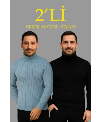 Erkek Fitilli Triko Kazak 2li Set Bebek Mavisi Siyah Regular Balıkcı Yaka Tam Boğazlı Triko Seti Modeli Kazak