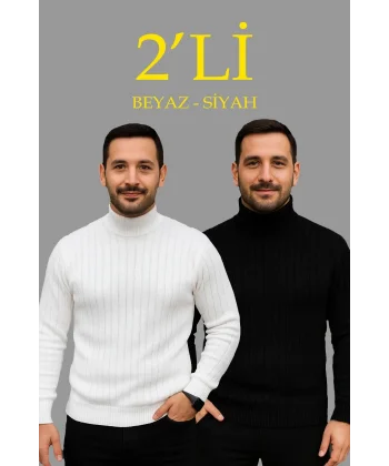 Erkek Fitilli Triko Kazak 2li Set Beyaz Siyah Regular Balıkcı Yaka Tam Boğazlı Triko Seti Modeli Kazak