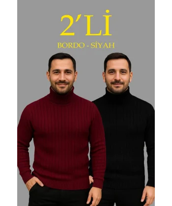 Erkek Fitilli Triko Kazak 2li Set Bordo Siyah Regular Balıkcı Yaka Tam Boğazlı Triko Seti Modeli Kazak