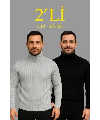 Erkek Fitilli Triko Kazak 2li Set Gri Siyah Regular Balıkcı Yaka Tam Boğazlı Triko Seti Modeli Kazak