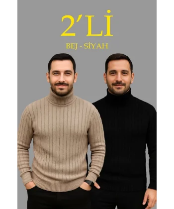 Erkek Fitilli Triko Kazak 2li Set Bej Siyah Regular Balıkcı Yaka Tam Boğazlı Triko Seti Modeli Kazak