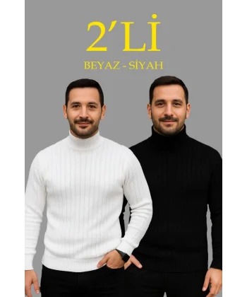 Erkek Fitilli Triko Kazak 2li Set Beyaz Siyah Regular Balıkcı Yaka Tam Boğazlı Triko Seti Modeli Kazak