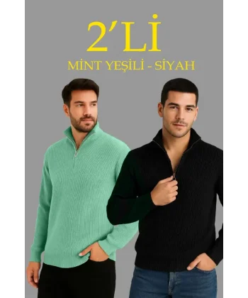 Erkek Fitilli Triko Kazak 2’li Set –  Mint Yeşili - Siyah, Kalın Dokuma Pamuklu Regular Fit V Yaka Fermuarlı Uzun Kollu Rahat Kışlık Kazak Kombini