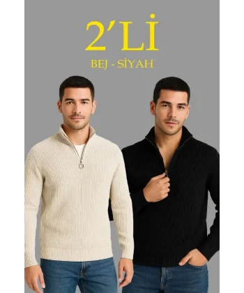 Erkek Fitilli Triko Kazak 2’li Set – Siyah - Bej Kalın Dokuma Pamuklu Regular Fit V Yaka Fermuarlı Uzun Kollu Rahat Kışlık Kazak Kombini