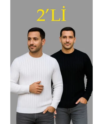 Erkek Fitilli Triko Kazak 2’li Set – Siyah - Beyaz, Kalın Dokuma Pamuklu Regular Fit Bisiklet Yaka Uzun Kollu Rahat Kışlık Kazak Kombini