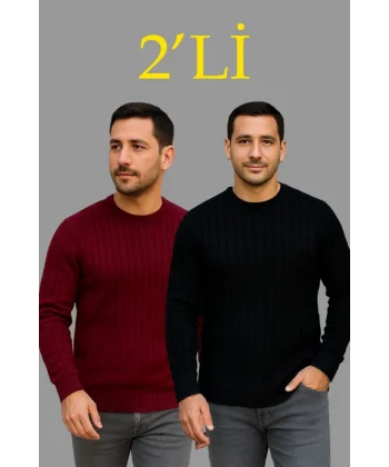 Erkek Fitilli Triko Kazak 2’li Set – Siyah - Bordo, Kalın Dokuma Pamuklu Regular Fit Bisiklet Yaka Uzun Kollu Rahat Kışlık Kazak Kombini