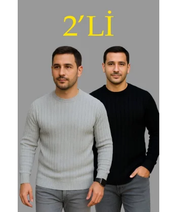 Erkek Fitilli Triko Kazak 2’li Set – Siyah - Gri, Kalın Dokuma Pamuklu Regular Fit Bisiklet Yaka Uzun Kollu Rahat Kışlık Kazak Kombini
