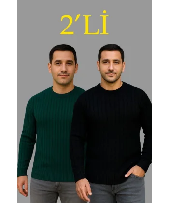 Erkek Fitilli Triko Kazak 2’li Set – Siyah - Haki, Kalın Dokuma Pamuklu Regular Fit Bisiklet Yaka Uzun Kollu Rahat Kışlık Kazak Kombini