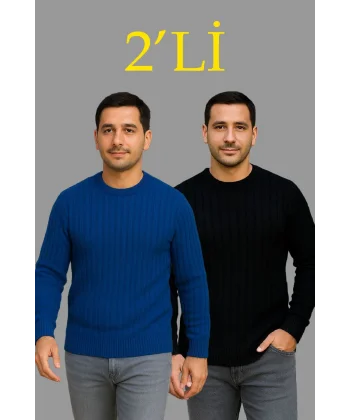 Erkek Fitilli Triko Kazak 2’li Set – Siyah & Saks Mavisi, Kalın Dokuma Pamuklu Regular Fit Bisiklet Yaka Uzun Kollu Rahat Kışlık Kazak Kombini