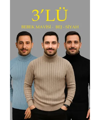 Erkek Fitilli Triko Kazak 3lÜ Set Bebek Mavisi Bej Siyah Regular Balıkcı Yaka Tam Boğazlı Triko Seti Modeli Kazak