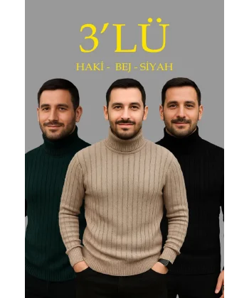 Erkek Fitilli Triko Kazak 3lÜ Set Bej Haki Siyah Regular Balıkcı Yaka Tam Boğazlı Triko Seti Modeli Kazak