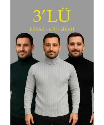Erkek Fitilli Triko Kazak 3lÜ Set Gri Haki Siyah Regular Balıkcı Yaka Tam Boğazlı Triko Seti Modeli Kazak