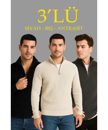 Erkek Fitilli Triko Kazak 3’lü Set – Antrasit, Siyah, Bej Kalın Dokuma Pamuklu Regular Fit V Yaka Fermuarlı Uzun Kollu Rahat Kışlık Kazak Kombini