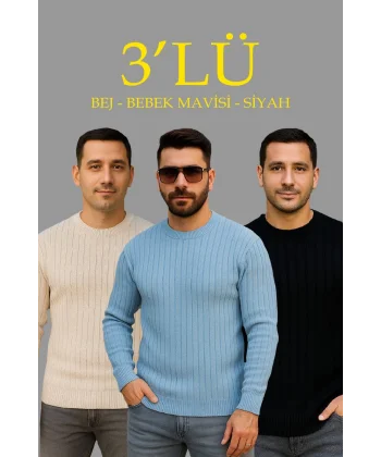 Erkek Fitilli Triko Kazak 3’lü Set – Bej, Bebek Mavisi, Siyah | Kalın Dokuma Pamuklu Regular Fit Bisiklet Yaka Uzun Kollu Kışlık ve Baharlık Rahat Triko Kombini