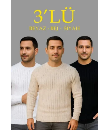 Erkek Fitilli Triko Kazak 3’lü Set – Bej, Beyaz, Siyah  Kalın Dokuma Pamuklu Regular Fit Bisiklet Yaka Uzun Kollu Kışlık Ve Baharlık Rahat Triko Kombini