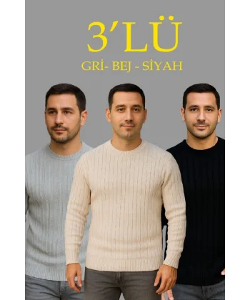 Erkek Fitilli Triko Kazak 3lü Set Bej Gri Siyah Regular Fit Bisiklet Yaka Triko Seti Kazak Modeli