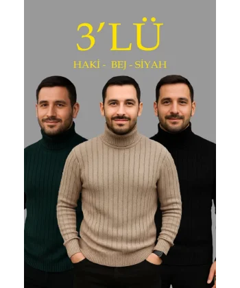 Erkek Fitilli Triko Kazak 3lÜ Set Bej Haki Siyah Regular Balıkcı Yaka Tam Boğazlı Triko Seti Modeli Kazak