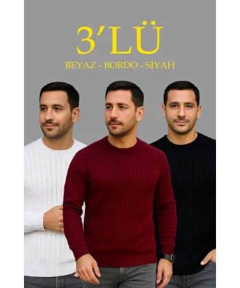 Erkek Fitilli Triko Kazak 3’lü Set – Beyaz, Bordo, Siyah | Kalın Dokuma Pamuklu Regular Fit Bisiklet Yaka Uzun Kollu Kışlık ve Baharlık Rahat Triko Kombini