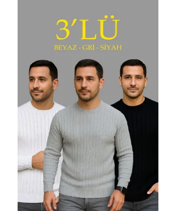 Erkek Fitilli Triko Kazak 3’lü Set – Beyaz, Gri, Siyah | Kalın Dokuma Pamuklu Regular Fit Bisiklet Yaka Uzun Kollu Kışlık ve Baharlık Rahat Triko Kombini