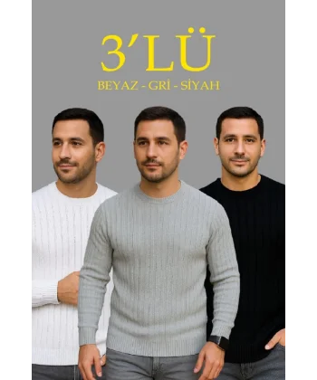 Erkek Fitilli Triko Kazak 3’lü Set – Beyaz, Gri, Siyah  Kalın Dokuma Pamuklu Regular Fit Bisiklet Yaka Uzun Kollu Kışlık Ve Baharlık Rahat Triko Kombini