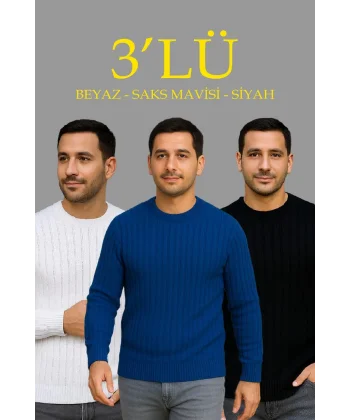 Erkek Fitilli Triko Kazak 3’lü Set – Beyaz, Saks Mavisi, Siyah | Kalın Dokuma Pamuklu Regular Fit Bisiklet Yaka Uzun Kollu Kışlık ve Baharlık Rahat Triko Kombini