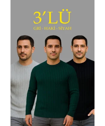 Erkek Fitilli Triko Kazak 3’lü Set – Gri, Haki, Siyah  Kalın Dokuma Pamuklu Regular Fit Bisiklet Yaka Uzun Kollu Kışlık Ve Baharlık Rahat Triko Kombini