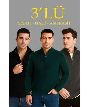 Erkek Fitilli Triko Kazak 3’lü Set – Haki, Siyah, Antrasit Kalın Dokuma Pamuklu Regular Fit V Yaka Fermuarlı Uzun Kollu Rahat Kışlık Kazak Kombini
