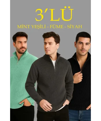Erkek Fitilli Triko Kazak 3’lü Set – Mint Yeşili, Siyah, Füme Kalın Dokuma Pamuklu Regular Fit V Yaka Fermuarlı Uzun Kollu Rahat Kışlık Kazak Kombini