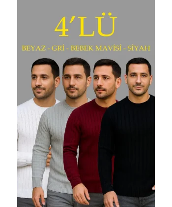 Erkek Fitilli Triko Kazak 4’lü Set – Beyaz, Bordo, Gri, Siyah | Kalın Dokuma Pamuklu Regular Fit Bisiklet Yaka Uzun Kollu Kışlık ve Baharlık Rahat Triko Kombini