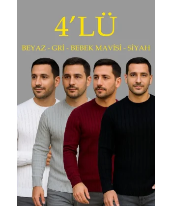 Erkek Fitilli Triko Kazak 4’lü Set Beyaz Bordo Gri Siyah Regular Fit Bisiklet Yaka Kazak Triko Kombini