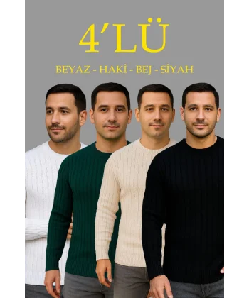 Erkek Fitilli Triko Kazak 4’lü Set – Beyaz, haki, bej, Siyah | Kalın Dokuma Pamuklu Regular Fit Bisiklet Yaka Uzun Kollu Kışlık ve Baharlık Rahat Triko Kombini