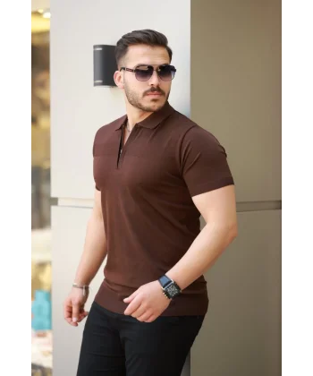 Erkek Göğüs Pirinç Desenli Fermuar Yakalı Kısa Kollu Tişört