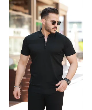 Erkek Göğüs Pirinç Desenli Fermuar Yakalı Kısa Kollu Tişört