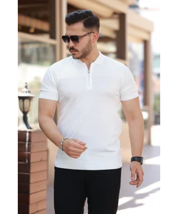 Erkek Göğüs Pirinç Desenli Fermuar Yakalı Kısa Kollu Tişört