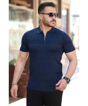 Erkek Göğüs Pirinç Desenli Fermuar Yakalı Kısa Kollu Tişört