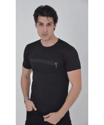 Erkek Göğüste Fermuar Aksesuarlı Dar Kalıp T-Shirt - Siyah