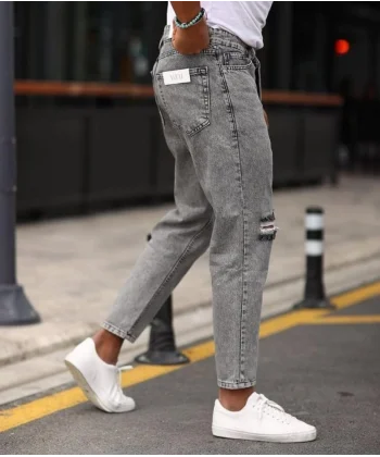 Erkek Gri Yıkama Yırtık Detaylı Boyfriend Jean