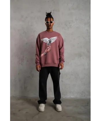 Erkek Güvercin Baskılı Sweatshirt - Gül Kurusu