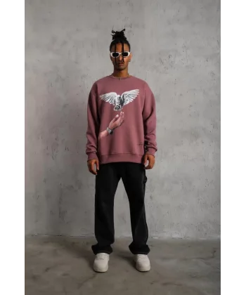 Erkek Güvercin Baskılı Sweatshirt - Gül Kurusu