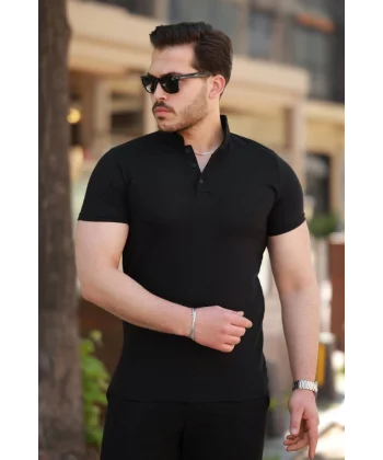 Erkek Hakim Yaka Dokuma Pamuklu Kumaş Kısa Kollu T-shirt