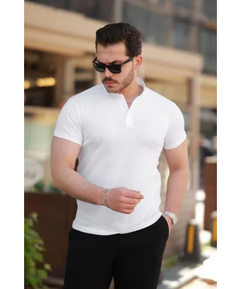 Erkek Hakim Yaka Dokuma Pamuklu Kumaş Kısa Kollu T-shirt