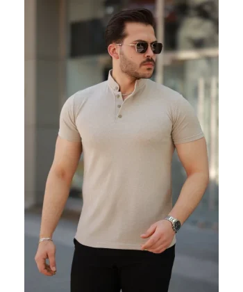 Erkek Hakim Yaka Dokuma Pamuklu Kumaş Kısa Kollu T-shirt